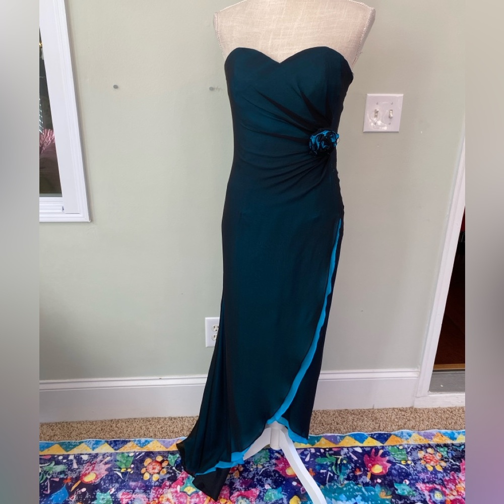 VINTAGE CACHE Y2K BLACK BLUE EVENING GOWN SIZE 4 SMALL FAUX WRAP
